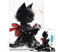Rompecabezas de 1000 Piezas Gato Negro en Kimono con Sushi Juego de articulaciones afiladas,Entrenamiento Mental,diversión,Juego para Momentos acogedores,decoración navideña para la Pared 38x52cm