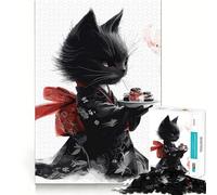 Rompecabezas de 1000 Piezas Gato Negro en Kimono con Sushi Pieza de Ajuste preciso Juego Divertido y Estimulante Momento Acogedor y Divertido Decoración navideña 50x75cm