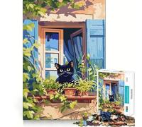 Rompecabezas de 1000 Piezas Gato Negro en la Ventana con Plantas Diseño de Corte preciso Juego de ingenio,fácil de Jugar,Regalo Divertido de cumpleaños 38x52cm