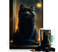 Rompecabezas de 1000 Piezas Gato Negro en la Ventana por la Noche Diversión Garantizada,Juego Que estimula la Mente,Tiempo de Juego Tranquilo, 50x75cm