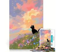 Rompecabezas de 1000 Piezas Gato Negro en un Campo de Flores Diseño artístico de Corte nítido Juego de lógica y Pensamiento Ideal para Relajarse y divertirse en cumpleaños (38x26cm)