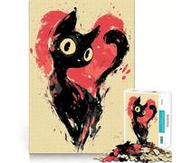 Rompecabezas de 1000 Piezas Gato Negro en un corazón,Corte Impecable,Divertido,Juguete para estimular la Mente,Juego para el Tiempo Libre,Regalo artístico de Navidad 38x26cm