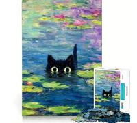 Rompecabezas de 1000 Piezas Gato Negro en un Estanque de nenúfares Diseño con Corte preciso Juego de ingenio,fácil de Jugar,Regalo Divertido de cumpleaños 50x75cm