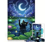 Rompecabezas de 1000 Piezas Gato Negro en un Estanque de nenúfares por la Noche Juego de Bordes sin Costuras Juego de ingenio y diversión Ideal para Pasar el rato Regalo artístico de Navidad 50x75cm