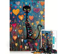 Rompecabezas de 1000 Piezas Gato Negro en un jardín con Forma de corazón,Borde sin Costuras Juego de ingenio y diversión para Pasar el rato 38x26cm