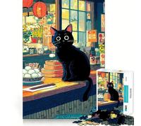 Rompecabezas de 1000 Piezas Gato Negro en un Restaurante japonés Decoración Elegante,Regalo Que estimula la Mente,Juego de Paz,Pieza de Arte navideña 38x52cm