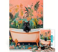 Rompecabezas de 1000 Piezas Gato Negro en una bañera,Ajuste, Arte,estimulación Cerebral,Juego,Tiempo de Descanso,Juego,Arte de Pared navideño (50x75cm)