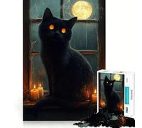 Rompecabezas de 1000 Piezas Gato Negro en una Ventana con Velas Decoración Elegante,Regalo Que estimula la Mente,Juego de Paz,Pieza de Arte navideña 38x52cm