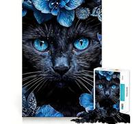 Rompecabezas de 1000 Piezas Gato Negro Entre Flores Azules,Bordes Finos,diseño Artesanal,para ejercitar la Mente,Relajarse, (50x75cm)