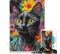 Rompecabezas de 1000 Piezas Gato Negro Entre Flores Decoración Elegante,Regalo para ejercitar la Mente,Juego de Paz,Pieza de Arte navideña 38x52cm