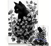 Rompecabezas de 1000 Piezas Gato Negro Entre Hojas para Adultos Estimula la Mente, Proporciona una Actividad Relajante y un Encaje Firme (38x26cm)