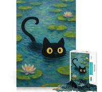 Rompecabezas de 1000 Piezas Gato Negro Entre nenúfares Decoración de fácil Montaje,Regalo para ejercitar la Mente,Juego de Paz,Pieza de Arte navideña 50x75cm