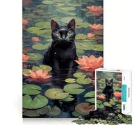 Rompecabezas de 1000 Piezas Gato Negro Entre nenúfares Juego de Ajuste preciso,Juguete Creativo y Divertido,Juego de Paz,Regalo navideño Tranquilo 50x75cm