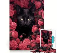 Rompecabezas de 1000 Piezas Gato Negro escondiendo Rosas Diseño de Corte preciso Ideal para desarrollar la lógica,el Pensamiento,la Calma (38x26cm)