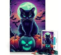 Rompecabezas de 1000 Piezas Gato Negro Halloween Corte preciso Divertido Desafío Mental Juguete Juego para el Tiempo de Descanso Cumpleaños Arte Juego (50x75cm)