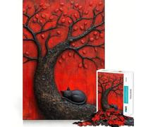Rompecabezas de 1000 Piezas Gato Negro japonés durmiendo bajo un árbol Rojo, Ideal para Adolescentes Juguete de lógica sólida, Divertido y de Corte preciso Artículo de Santa Claus 50x75cm