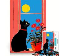 Rompecabezas de 1000 Piezas - Gato Negro Junto a la Ventana,decoración de Bordes limpios,Juguete para Entrenar el Pensamiento,Juego Divertido y fácil de Usar,Regalo de cumpleaños (50x75cm)