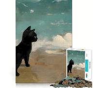 Rompecabezas de 1000 Piezas Gato Negro Junto al mar Arte de Corte preciso Juego Creativo para el Cerebro Juego fácil Exhibición de Arte navideño (38x26cm)