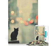 Rompecabezas de 1000 Piezas Gato Negro Luces de la Ciudad Juego de Corte sin Costuras Juego de ingenio Regalo Juego Casual Arte navideño para el hogar (50x75cm)