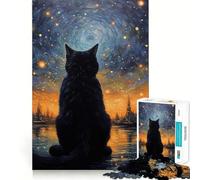 Rompecabezas de 1000 Piezas Gato Negro Luna Arte de Corte Preciso,Juguete de Desafío Mental,Juego Fácil de Jugar,Regalo de Cumpleaños para Mentalidad 38x52cm