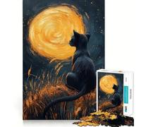 Rompecabezas de 1000 Piezas Gato Negro Mirando a la Luna Juego de Bordes Juego cognitivo y Divertido Juego Lento Divertido Decoración navideña Arte (50x75cm)