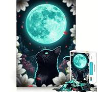 Rompecabezas de 1000 Piezas Gato Negro Mirando a la Luna Juguete artístico de Ajuste desafía la Mente Juego Divertido para el Tiempo Libre Regalo Ideal para cumpleaños (38x26cm)
