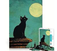 Rompecabezas de 1000 Piezas Gato Negro Mirando a la Luna Piezas de Corte Limpio Juguete para desarrollar la Capacidad cognitiva Momento de relajación Diversión Decoración navideña (38x26cm)