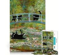 Rompecabezas de 1000 Piezas Gato Negro Monet Lirio de Agua Arte de Corte Preciso,Juguete de Desafío Mental,Juego Fácil de Jugar,Regalo de Cumpleaños para Mentalidad 38x52cm