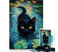 Rompecabezas de 1000 Piezas Gato Negro Nadando en un Estanque de nenúfares Bordes Finos Juguete Creativo,Ideal para el Tiempo Libre o como Regalo de cumpleaños 50x75cm