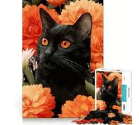 Rompecabezas de 1000 Piezas Gato Negro rodeado de Flores Naranjas Decoración de Ajuste Perfecto,Regalo para ejercitar la Mente,Juego de Paz,Pieza de Arte navideña 38x26cm