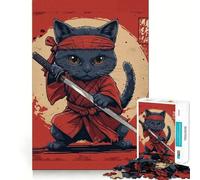 Rompecabezas de 1000 Piezas Gato Negro samurái Japón Articulaciones precisas Diversión,Juego para ejercitar la Mente,Juego para Momentos de Paz,decoración navideña 38x52cm