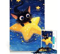 Rompecabezas de 1000 Piezas Gato Negro sobre una Estrella Decoración de Ajuste Perfecto,Regalo para ejercitar la Mente,Juego de Paz,Pieza de Arte navideña 38x26cm