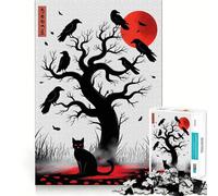 Rompecabezas de 1000 Piezas Gato Negro y Cuervos bajo la Luna roja Corte preciso Divertido Juego de ingenio Tiempo Libre Divertido Arte navideño para el hogar (50x75cm)