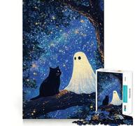 Rompecabezas de 1000 Piezas Gato Negro y Fantasma bajo un Cielo Estrellado Juego de ingenio sin Costuras Regalo Ideal para Jugar de Forma Casual Decoración navideña para el hogar (38x52cm)