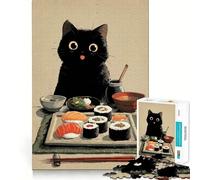 Rompecabezas de 1000 Piezas Gato Negro y festín de Sushi Arte de Corte preciso Juego Creativo para ejercitar la Mente Juego fácil Exhibición de Arte navideña (38x52cm)
