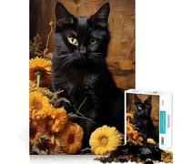 Rompecabezas de 1000 Piezas Gato Negro y Flores,Bordes definidos,decoración Creativa,Juguete para desarrollar la Habilidad,Tiempo fácil,diversión, (38x26cm)