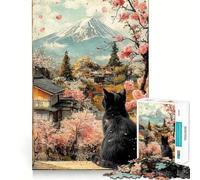 Rompecabezas de 1000 Piezas - Gato Negro y Flores de Cerezo,Paisaje asiático japonés,decoración de Bordes limpios,Juguete para Entrenar el Pensamiento,Juego y fácil de Usar,Regalo de cumpleaños