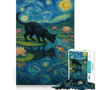 Rompecabezas de 1000 Piezas Gato Negro y pez,Noche Estrellada,Decoración,Juego de concentración Mental,Juego de relajación,Regalo de cumpleaños (50x75cm)
