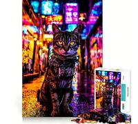 Rompecabezas de 1000 Piezas Gato neón en un callejón de la Ciudad para Adultos y Adolescentes Juguete de lógica Clara Tiempo de relajación Corte Artículo de Santa Claus (50x75cm)