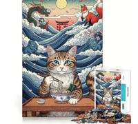 Rompecabezas de 1000 Piezas Gato,Ramen,Espíritus Japoneses,Bordes Finos,Artesanía,Actividad Mental Inteligente,Juego Relajante,Regalo Divertido de Navidad (38x26cm)