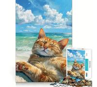 Rompecabezas de 1000 Piezas Gato relajándose en la Playa,Verano,Corte Suave,Juego Creativo,Juguete,Tiempo de Juego Relajante,Regalo de Ocio navideño (38x52cm)