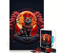 Rompecabezas de 1000 Piezas Gato Samurai Luna Roja Arte de Corte preciso Juego Creativo para ejercitar la Mente Tiempo de Juego Tranquilo Regalo de cumpleaños para Aficionados (50x75cm)