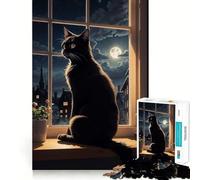 Rompecabezas de 1000 Piezas Gato Sentado en la Ventana,Bordes Finos,diseño Creativo,Actividad Mental,Juego Relajante,Regalo Divertido de Navidad (50x75cm)
