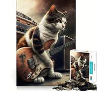 Rompecabezas de 1000 Piezas Gato Tocando la Guitarra,Ajuste, Arte,Juego de Habilidad Mental,Tiempo de Descanso,Juego, (38x26cm)