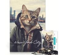 Rompecabezas de 1000 Piezas Gato turista,Ciudad de Nueva York,Arte de Corte Exacto,Lógica,Pensamiento,Juego,Tiempo de Juego Tranquilo,Actividad de cumpleaños (38x26cm)