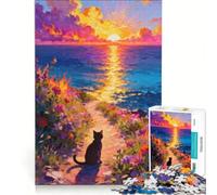 Rompecabezas de 1000 Piezas: Gato Viendo la Puesta de Sol Junto al mar, Juguete Educativo, desafiante de completar, cumpleaños y Navidad 38x52cm