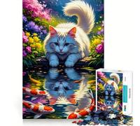 Rompecabezas de 1000 Piezas Gato y Estanque de Carpas koi,Reflejo,Ajuste, Arte,estimulación Cerebral,Juego,Tiempo de Descanso,Juego,Arte de Pared navideño (50x75cm)