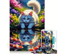 Rompecabezas de 1000 Piezas Gato y Estanque de Carpas Koi,Reflejo,Corte Impecable,Divertido,lógica,Juguete,Juego Libre,Actividad de cumpleaños (38x26cm)