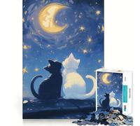 Rompecabezas de 1000 Piezas Gatos bajo la Luna - Juguete de construcción artístico de Corte nítido para Amantes de los Gatos Ideal para Relajarse y divertirse en cumpleaños (50x75cm)