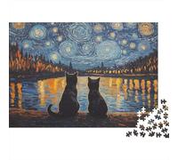 Rompecabezas de 1000 Piezas Gatos en la Noche Estrellada con Ardillas bajo una Seta. Juegos educativos para Adultos. Hermoso desafío Decorativo. Alta dificultad. Regalos de cumpleaños. 70x50cm